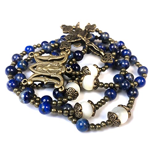 Virgin Mary Our Lady of Graces Blue Lapis and Mother of Pearl Stone Rosary - Catholic Rosary for Women - Catholic Gifts