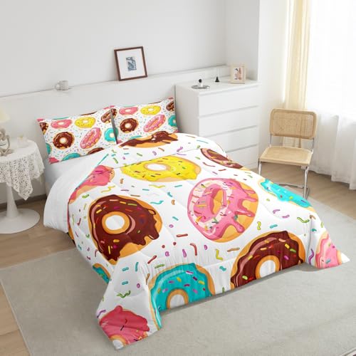 Image of Feelyou Girly Cute Comforter Set Sweet Donuts Bedding Set for Kids Boys Girls Chocolate Doughnut Cream Comforter Cute Whimsical Dessert Decor Quilt Set with 1 Pillowcase 2Pcs Bedding Twin