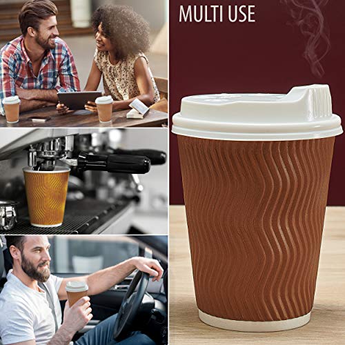 Insulated Disposable Coffee Cups with Lids & Straws 12 oz, 100 Packs - Paper Cups for Hot Beverage Drinks To Go Tea Coffee Home Office Car Coffee Shop Party (Brown) - Thumbnail 4