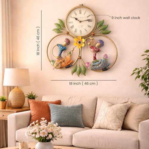 Image of SETHI AESTHETIC Metal Wall Clock with Decorative Traditional Rajasthani Musician Men, 46x46 cm, Living Room Decor with Floral Accents| Fancy Clock for Living Room or Drawing Room|