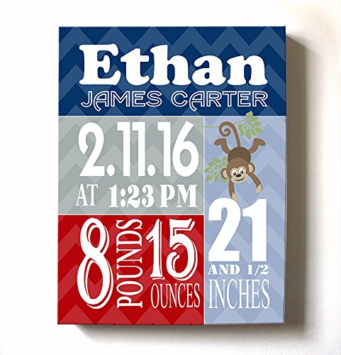 Personalized Stretched Canvas Birth Announcement Gift, Custom Baby Name, Date, Weight Stats, Newborn Nursery Monkey Wall Art Decor, Wooden Frame Construction, Ready to Hang 11X14