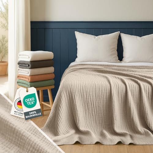 Blumtal Tagesdecke Baumwolle 220x240 cm - Musselin Decke Oeko-TEX Zertifiziert - Bettüberwurf 220x240 - Couch Überwurf - Kuscheldecke Baumwolle 100prozent - Couch Decken Überwurf - Überwurfdecke Creme-Weiß