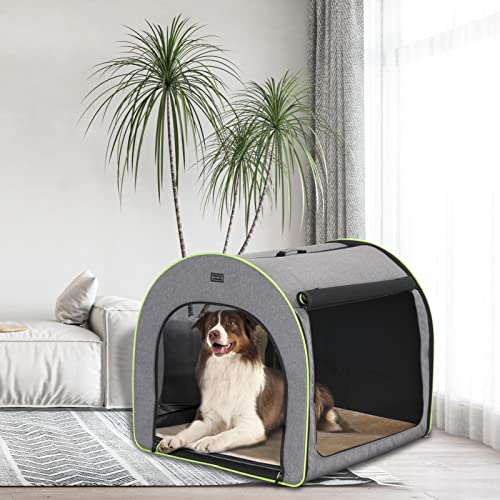 Petsfit Hundebox faltbar für große Hunde, Hundebox für Zuhause Hundeschlafbox Transportbox Hund haltbar gemütlich Zimmerkennel Hund mit Anti-offener Reißverschluss und Plüschkissen, L, Hellgrau