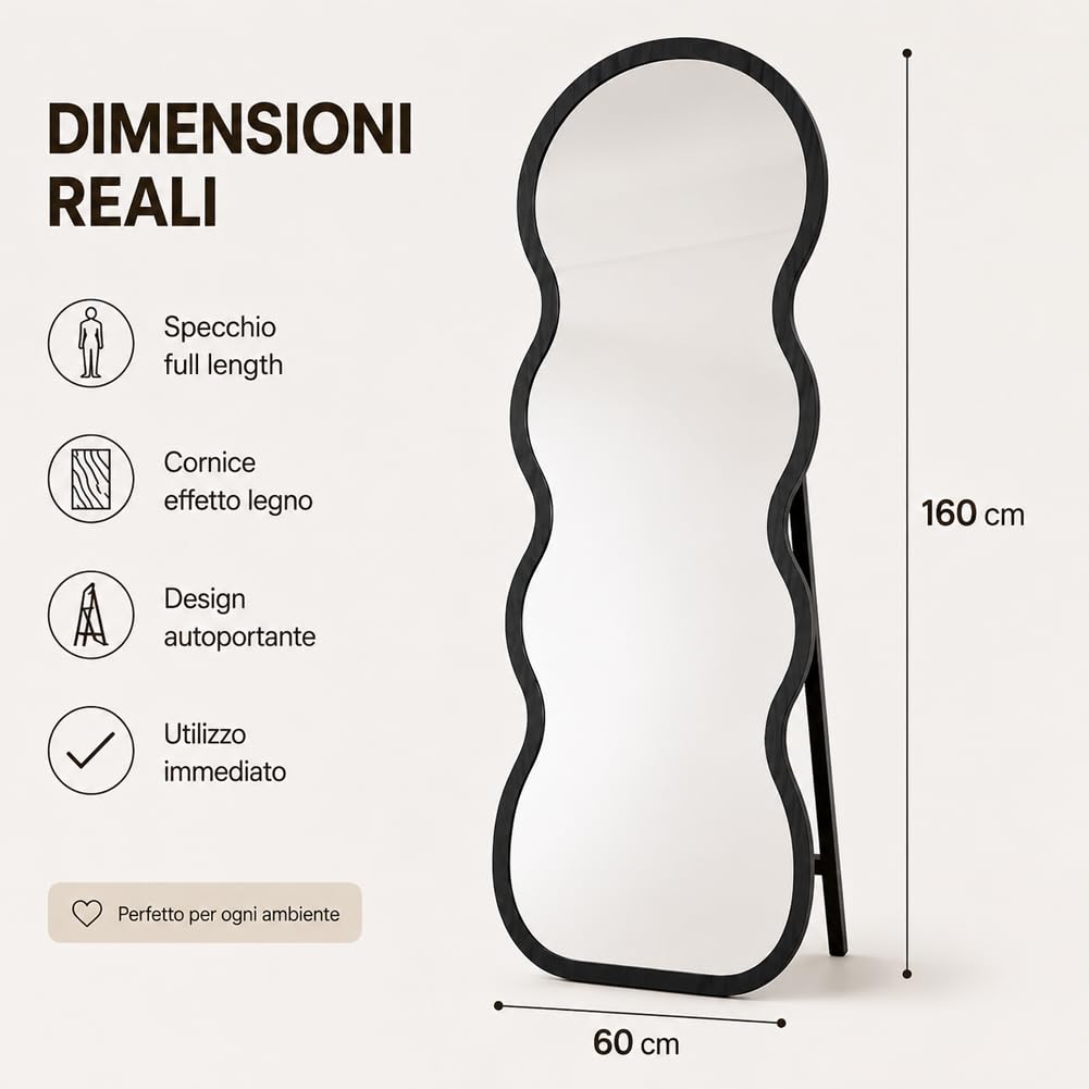 Shally Dogan Specchio Ondulato Autoportante con Struttura in Legno Resistente, Decorazione per Interni Design Moderno, Specchi Figura Intera Indipendente da Terra, 160 x 60 cm, Nero