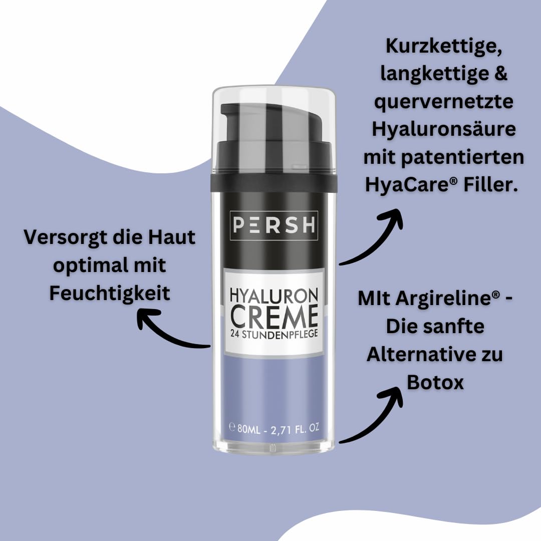 PERSH Hyaluron Creme 80ml - Feuchtigkeitsspendende Anti-Aging Creme | Hyaluronsäure für frische, glatte Haut | Pflege für Gesicht, Augen, Hals & Dekolleté | Vegan
