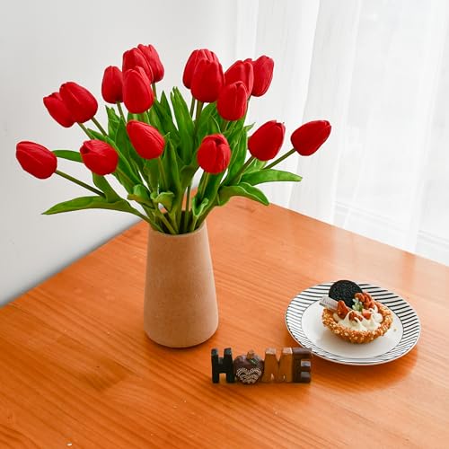 Image of ONLY ART Artificial Red Tulips 20 Pcs - 13.5 Inch PU Faux Flowers with Bendable Stems for Home Decor, Wedding Centerpieces, DIY Floral Arrangements, New Year and Valentine's Day