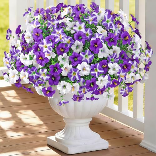 KHOYIME Artificial Flowers for Outdoor Decoration, 12PCS Faux White Purple Petunias Silk Flower UV Resistant Realistic Fake Plants for Outside Planter Garden Porch Yard Spring Summ image 2