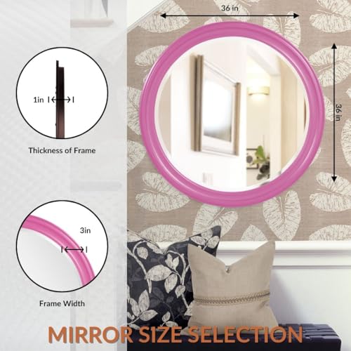Image of Howard Elliott Collection George Round Glossy Hot Pink Wall Mirror, Bevelled Vintage Hanging Wood Framed Vanity Mirrors for Home Decor, Living Room, Bathroom, Bedroom, or Hallway, 36 Inch Round