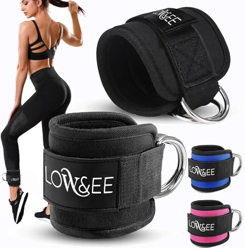 LOW&EE® Pack 2 Tobilleras Poleas Gym - Tobillera para Polea Acolchada para Mujeres y Hombres- Correa Tobillos Gym para Máquina de Cable Fitness y Gimnasio - Accesorios Gym (Black)