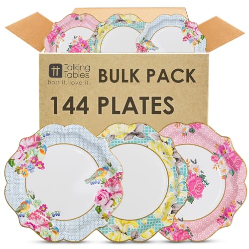 Talking Tables 144 x Pretty Floral Disposable Paper Plates Bulk Pack Afternoon Tea Mother’s Day Table Party Decorations for Birthday Baby Shower, Wedding and Anniversary, Size 9