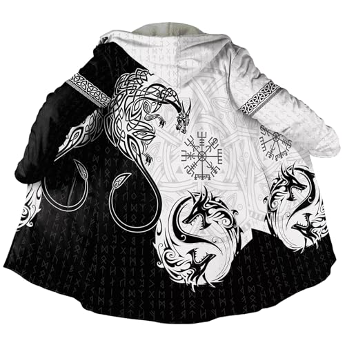 Feral Fenrir Wolf Unisex Cloak Cape Fashion Fleece Lining Coat Viking Trench Coats Rune-Engraved Accessories Cape Cloak