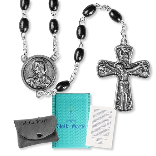Stella Maris Scapular Medal Rosary with Traditional Spanish Cross and Wooden Beads | Handmade in Spain | Catholic Rosary for Men and Women | U.S. Catholic-Owned Business