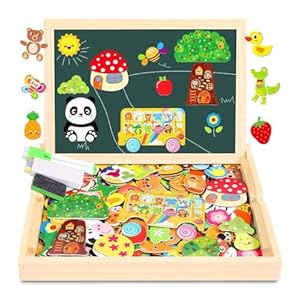 Jojoin 130 pcs Puzzles de Madera – 2024 Nueva Juguetes Montessori con Pizarra Magnética y Lindo Patrón Fruta de Animales – Juguete Educativo para NIños de 2 3 4 Años