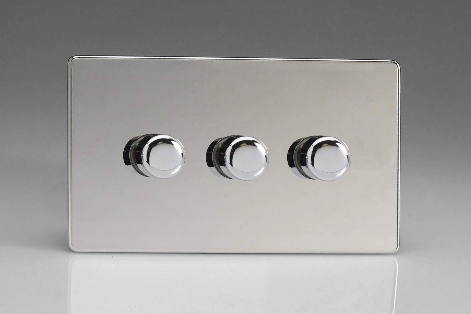 Varilight 3-Gang 2-Way V-Pro Push On/Off Rotary LED Dimmer 3 x 0-120W (Twin Plate) Polished Chrome