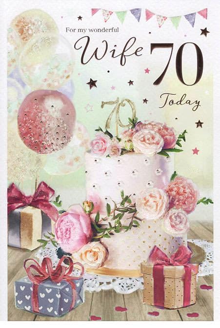 ICG Wife 70th Birthday Card - Age 70 - Special Finishes - Floral Birthday Cake and Gifts - Illustrated Insert Leaf - Made in the UK - Eco-Friendly