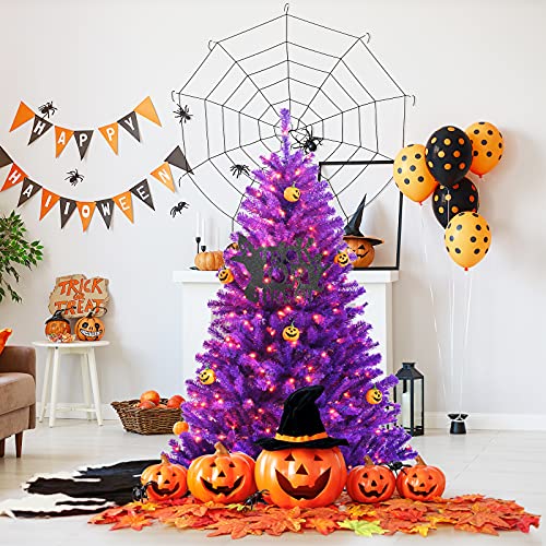 Goplus 5Ft Artificial Purple Christmas Tree, Pre-Lit Halloween Tree W/ 280 Orange Led Lights & Pumpkin Ornaments, Hinged Xmas Tree For Indoor Holiday Festival Use #TOP5