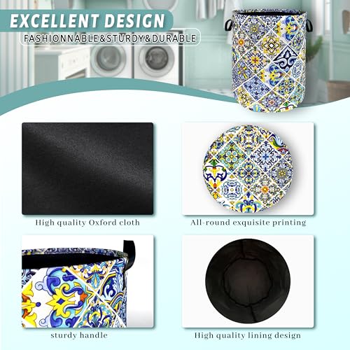Image of Mexican Tiles Laundry Basket Oxford Cloth Foldable Hamper 18.9x16.5 Inch