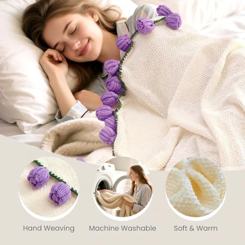 Image of Flower Bouquet Blanket, Gifts for Mom Daughter Grandkids Her Wife Girlfriend, Completed Crochet Flower Blanket,Soft Knitted Throw Blankets,Housewarming Gifts for Birthday Anniversary (Purple Roses)