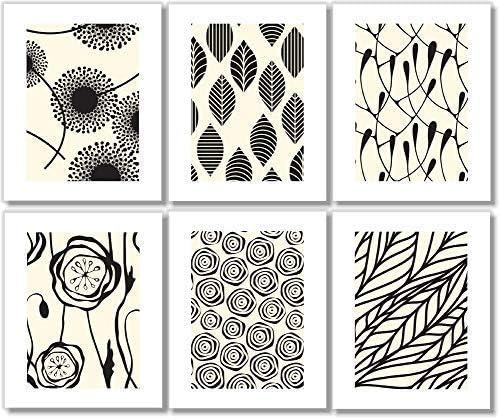 Mid Century Modern Wall Art Prints - Botanical Abstract Pattern Wall Decor - (Set of 6) - 8x10 - Unframed (Black/Cream)