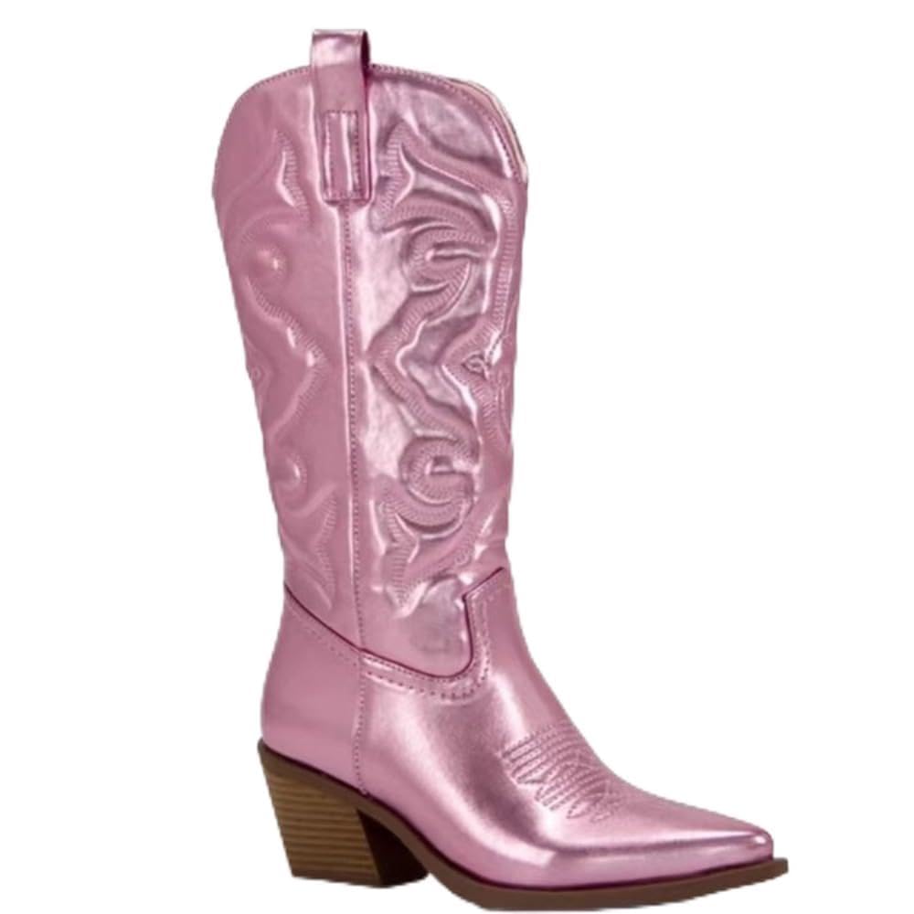 Cowboy Boots for Women - Mid Calf Cowgirl Western Style Pull-On Pointy Toe Lightweight Breathable Leather Retro Comfort