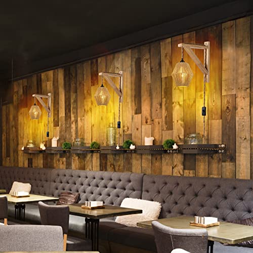 Frideko Wall Lamp With Plug In Cord Farmhouse Plug In Wall Light Wall Mounted Light With Wood Bracket & Switch Cord Boho Wall Sconces Wall Lighting For Bedroom #TOP5