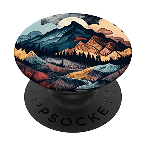 Mountain Boho Flower Floral Sunset Moon Night Western Chic PopSockets Swappable PopGrip, Black