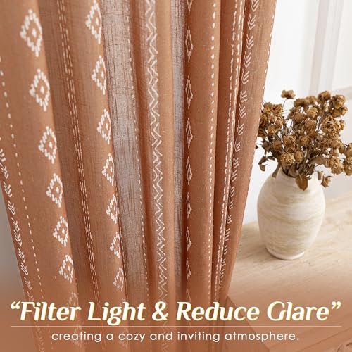 Terracotta Linen Curtains with Geometric Stripe Pattern Light Filtering Semi Sheer Drapes Rust Colored Boho Farmhouse Window Panels Textured Rustic Curtains 84 inch Long for Living Room Bedroom by Meikelor - Used condition - Image 4