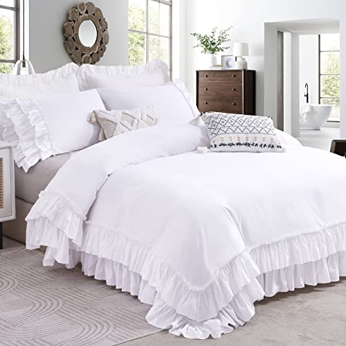 Image of QSH Ruffle White Duvet Cover King Size-Washed Cotton Shabby Farmhouse Chic Ruffled Bedding 3pcs(1 Soft Linen Feel Cotton Duvet Cover +2 Ruffle Pillowshams) Aesthetic French Country King Bedding