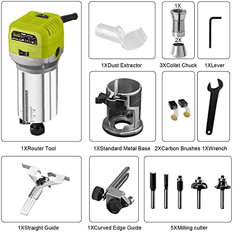 Bild 1 - Dewinner Oberfräse,710 W Kantenfräse, 13000 – 33000 U/min, 6 Geschwindigkeitsstufen, 3 Klemmen mit 1/4 Zoll (6 mm) und 8 mm, Profi-Laminiergerät mit Zubehör