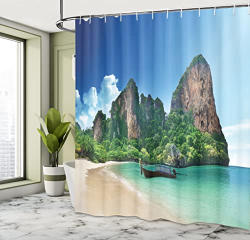ABAKUHAUS Tropical Shower Curtain, Railay Beach Krabi Thailand Small Boat Crystal Water Rock Cliff Tropical Landscape - Image 4