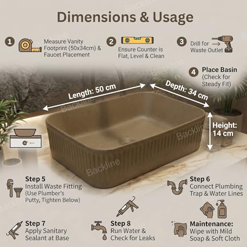 Image of Backline Ceramic Tabletop Wash Basin for Bathroom | Matt Finish Rectangle Countertop Vessel Sink for Dining Hall & Vanity | Size: 50 x 34 x 14 cm (Coffee Brown)