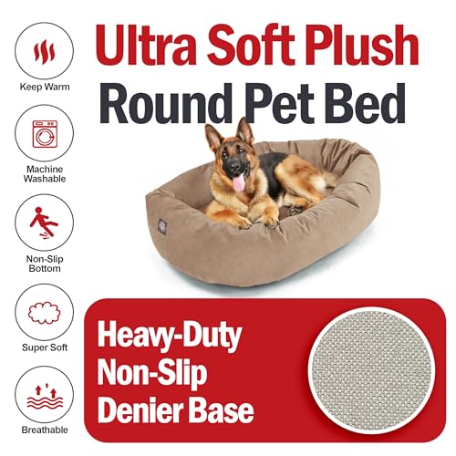 Image of Majestic Pet Suede Shredded Memory Foam Mix Calming Dog Bed Washable - Cozy Soft Round Dog Bed with Spine for Head Support - Fluffy Donut Dog Bed, 52 Inch, Stone