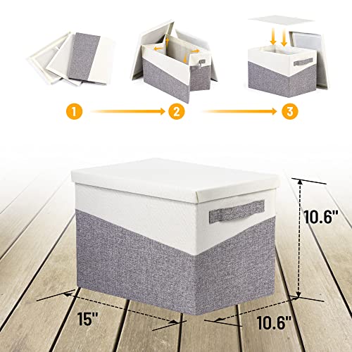 Fabric Storage Box With Lids [3 Pack] Foldable Closet Shelf Organizer Linen Decorative Bins With Cover Handles Collapsible Baskets Containers For Home Closet Clothes Nursery Toy (15X10X10 Inch, 27L, Grey) #TOP2