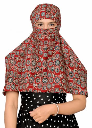 Image of Scarf Face Full Covering With Mask Head Hair Wrap Sun Protection For Women Cotton Printed Square All Season Wear