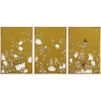 SIGNWIN Framed Canvas Print Wall Art Birds Sitting on White Flowers Over Golden Background Nature Forest Drawings Fine Art for Living Room, Bedroom, Office - 16