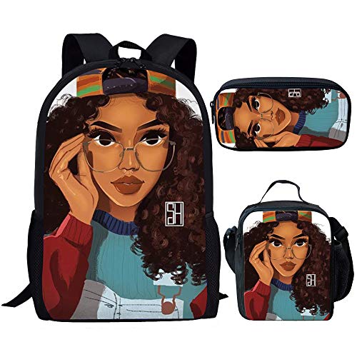 Smileygirl Schoolbag Sets for Kids Black Afro Girl Magic Book Bags Stylish Children African American Lady Backpacks with Pen Bag