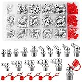 Nadisean 134 Stück Schmiernippel Sortiment Kit, Schmiernippel M1/8 M1/4 M6 M8 M10 Gerade und Abgewinkelt 45 °90 °, Hydraulik Fettnippel mit Kappen und Box, Kegelschmiernippel für Schmierpressen