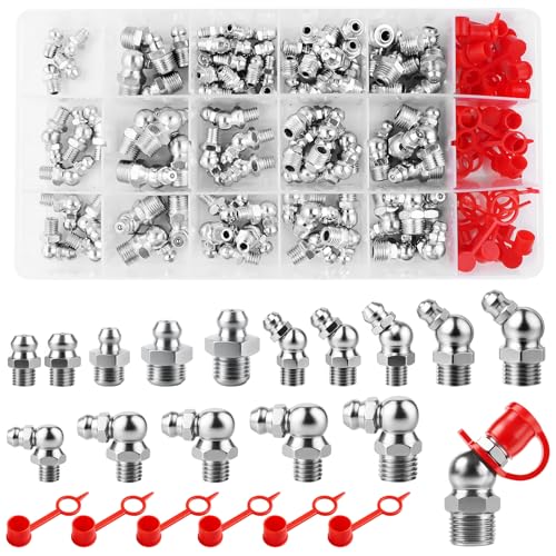 Nadisean 134 Pezzi Set di Ingrassatori, Grasso Raccordo Assortimento M1/8 M1/4 M6 M8 M10, Ingrassatori Testine in Dritto e Angolato 45 °90 °180 °, con Coperchio Rosso, per Attrezzature Meccaniche