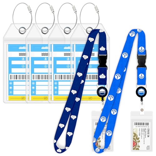 Cruise On Norwegian Luggage Tag Holders (4 Pack) & Lanyards (2 Pack) Large Clear Waterproof Cruise Essentials 2026-2027 Secure Ship Tags & Cards (Royal Blue)