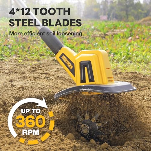 Alloyman 20V Cordless Tiller Cultivator, 360RPM Electric Garden Tiller, with 2 * 2.0Ah Batteries & Charger, 9In Tilling Width and 6.6In Depth Garden Rototiller for Lawn/Gardening/Soil Cultivation