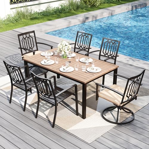 Image of PHI VILLA 7 Pcs Outdoor Dining Set for 6,Metal Table& Fixed Swivel Chairs | Wood-Like Wrought Iron Table w / Umbrella Hole,Modern Metal Furniture for Patio, Deck, Yard, Porch