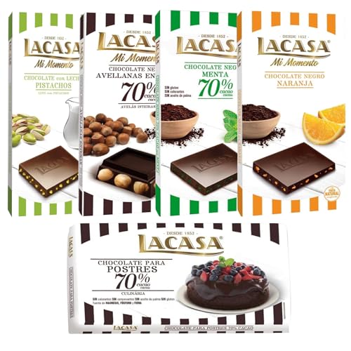 Pack Lacasa 5 deliciosas tabletas de chocolate de distintos sabores y tamaños: naranja ,leche pistacho 90g, menta ,culinaria200g, avellana 200g