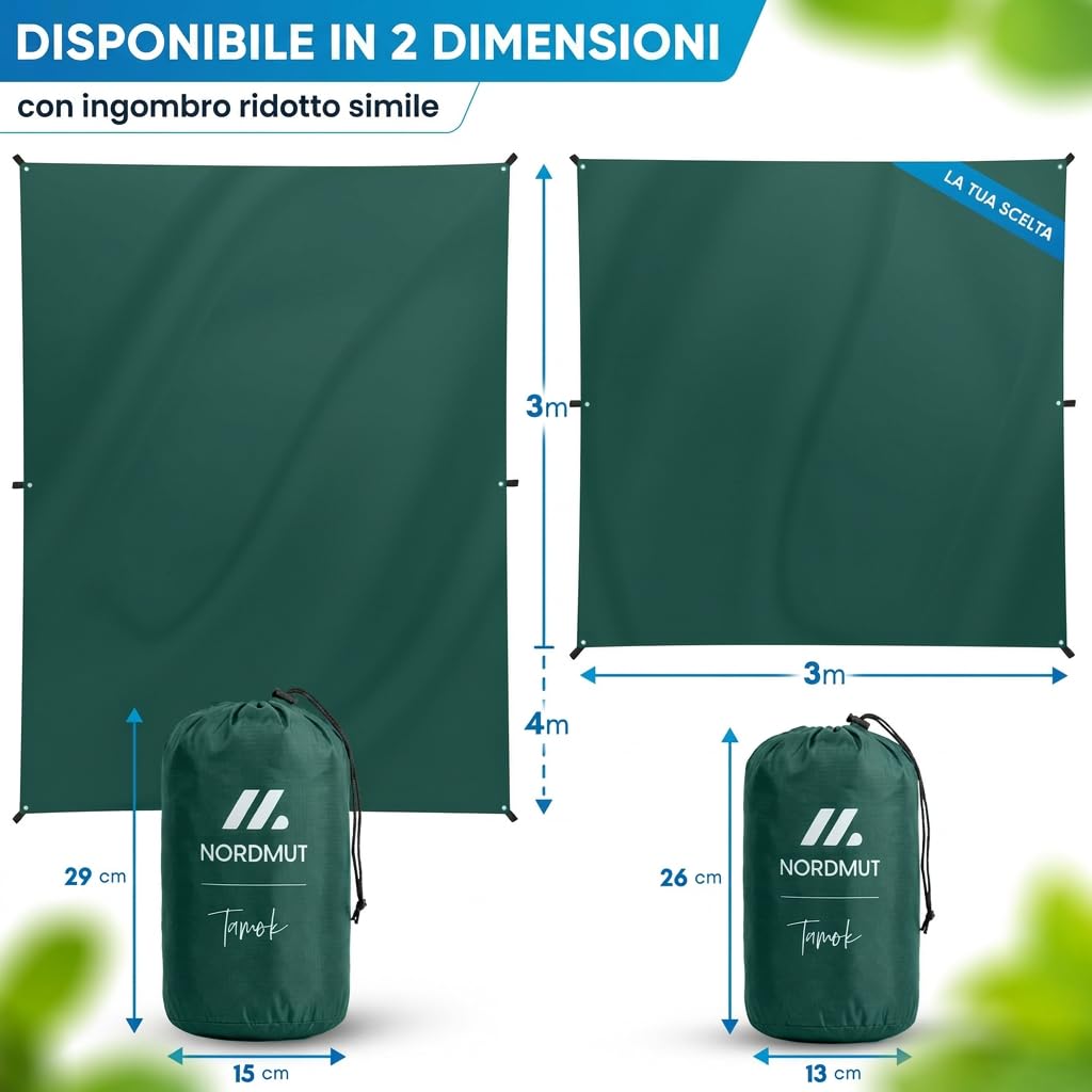 NORDMUT® Tarp 3x3/4m Impermeabile – Protezione Ottimale da Pioggia e Sole – Telo Robusto con Occhielli, Compatto – Ultralight per Campeggio & Escursionismo (Verde / 300 x 300 cm)
