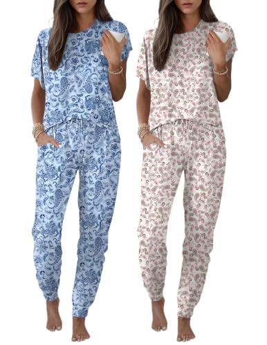Image of Ekouaer 2 pack Pajama Sets for Womens Jogger Pants Pjs Short Sleeves Lounge Set Soft Sleepwear with Pockets