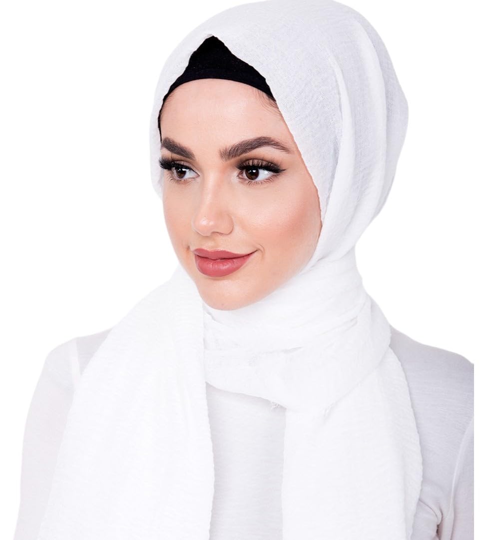 Shoes Lane Women's White Maxi Long Crinkle Frayed Edges Crimp Mix Cotton Scarf Hijab Shawl Wrap (White)