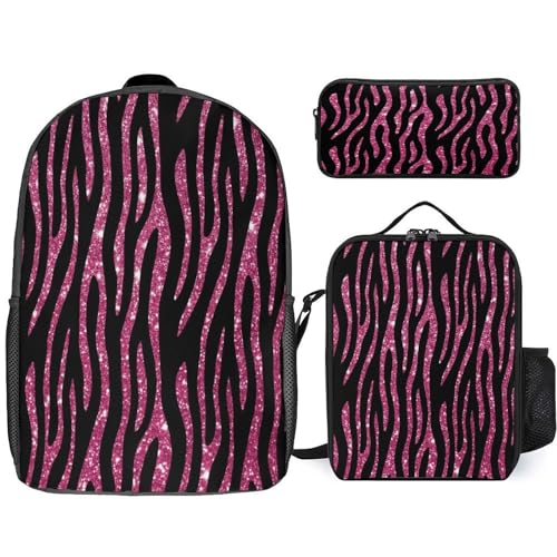 Pink Glitter Zebra Print Backpack Set 3 Pieces Backpacks Lunch Bag Wallet For Travel Outdoor Sports