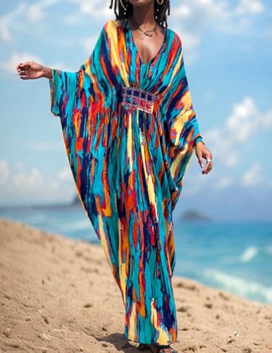 Women Beach Cover up V neck Caftan Loungewear 3/4 Sleeve Swimsuit Cover Up Kaftan Dress Loose Fit Ankle Length Muumuu4