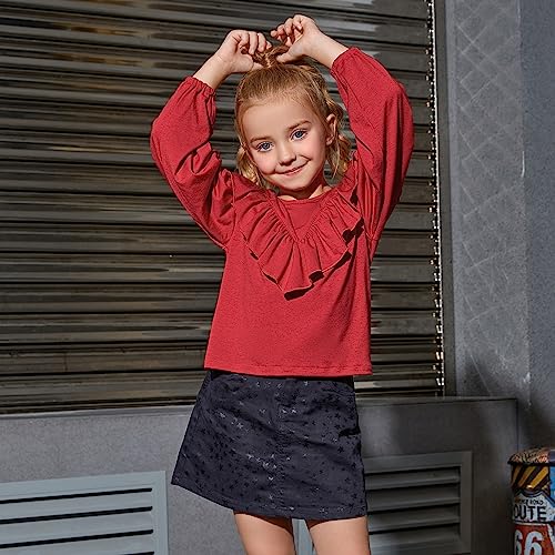 Image of Girls Long Sleeve Ruffle Tops Winter Tunic Fall Tops Round Neck Blouse Solid Color