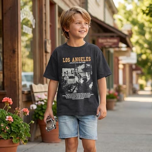 Image of Oversized Boys Graphic Tees Acid Wash Los Angeles Tshirt Youth Cotton T Shirt Crewneck Tee Kids Short Sleeve Tops