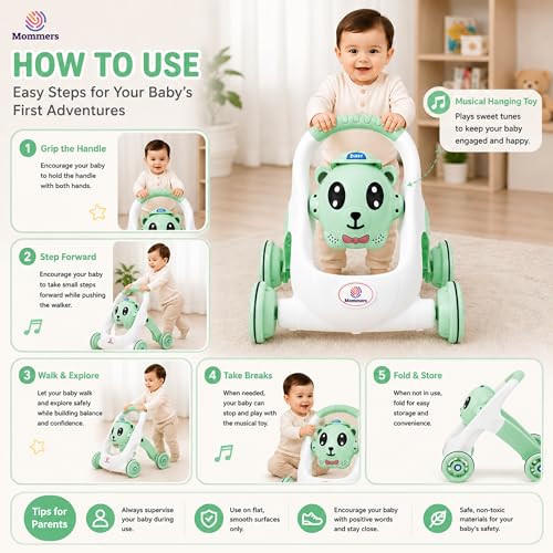 Image of Mommers Baby Walker Musical Push Support with Wheels & Handle Cute Design Activity Walker, for Toddlers, Balanced Wheels, Indoor Play, Green